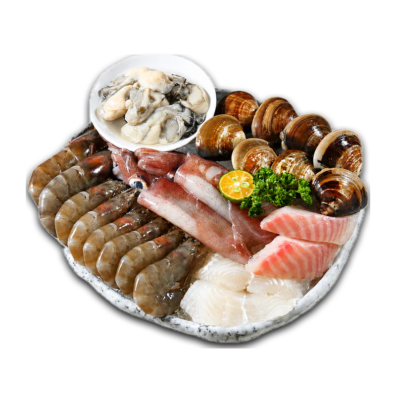 蝦、小卷、蛤蜊、生蠔與魚片組成的海鮮盤